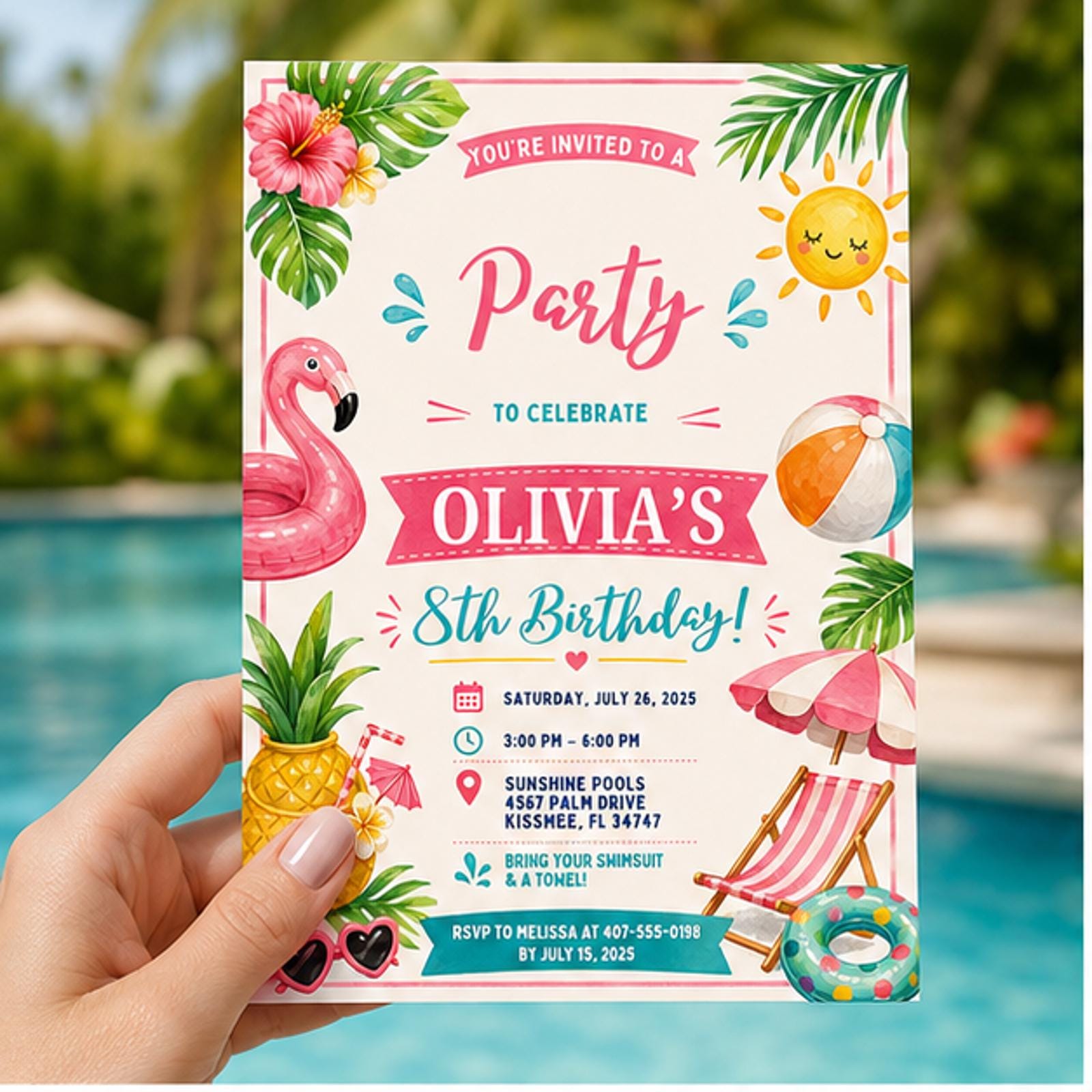 Editable Pool Party Invitation Canva Template, Pink Retro Preppy Girls Teens Pool Cute Modern Fun DIY Sweet Chic Printable Digital Download.
