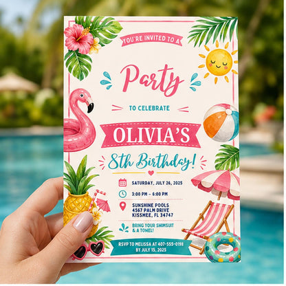 Editable Pool Party Invitation Canva Template, Pink Retro Preppy Girls Teens Pool Cute Modern Fun DIY Sweet Chic Printable Digital Download.