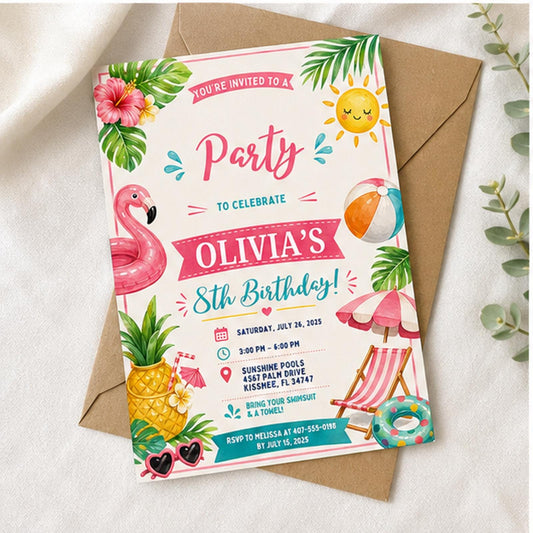 Editable Pool Party Invitation Canva Template, Pink Retro Preppy Girls Teens Pool Cute Modern Fun DIY Sweet Chic Printable Digital Download.