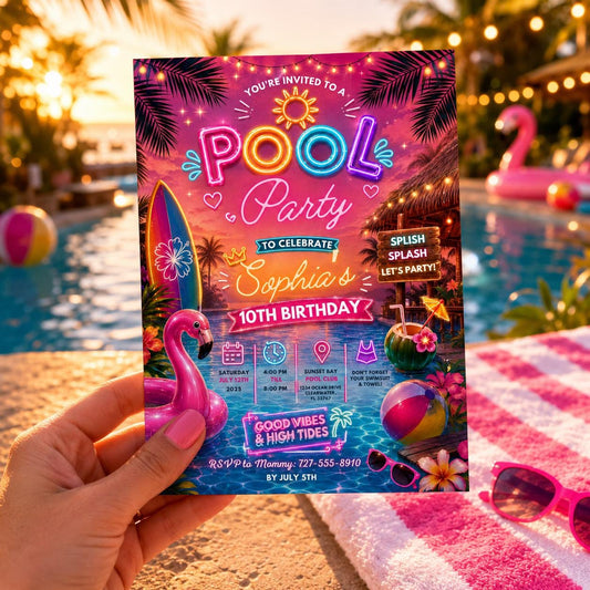 Editable Pool Birthday Invitation Canva Template, Blue Green Neon Boys Pool Cute Fun DIY Chic Kids Party Invite, Printable Digital Download.