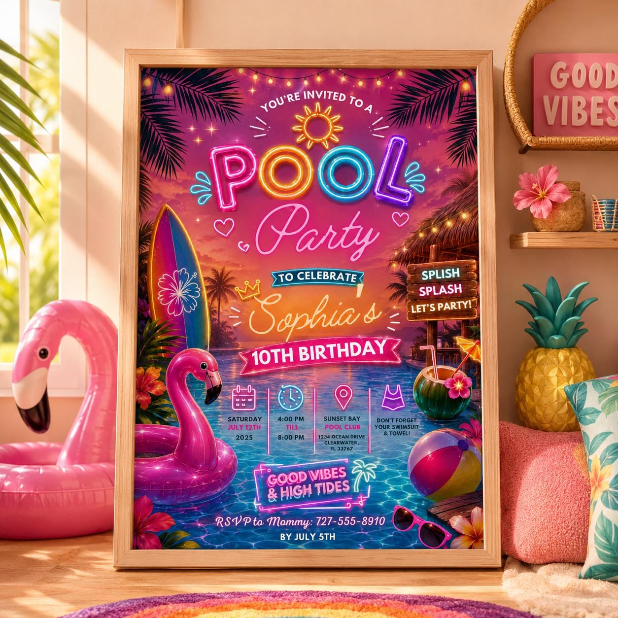 Editable Pool Birthday Invitation Canva Template, Blue Green Neon Boys Pool Cute Fun DIY Chic Kids Party Invite, Printable Digital Download.