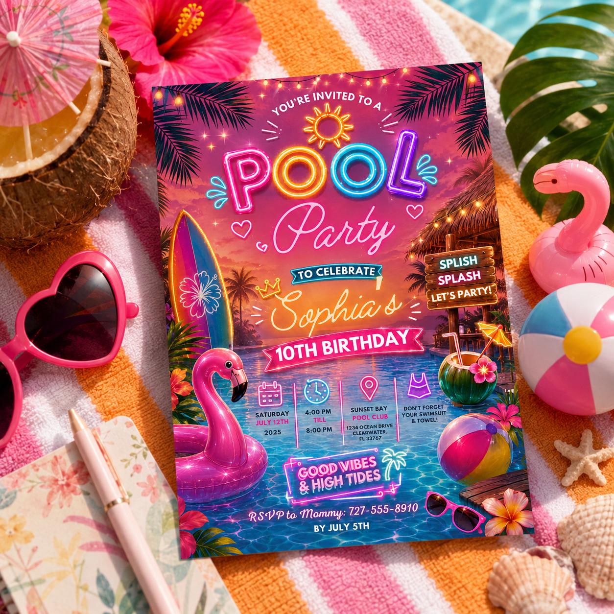 Editable Pool Birthday Invitation Canva Template, Blue Green Neon Boys Pool Cute Fun DIY Chic Kids Party Invite, Printable Digital Download.