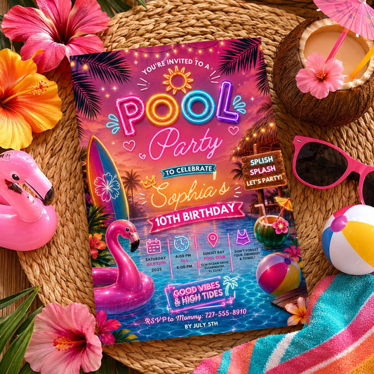 Editable Pool Birthday Invitation Canva Template, Blue Green Neon Boys Pool Cute Fun DIY Chic Kids Party Invite, Printable Digital Download.