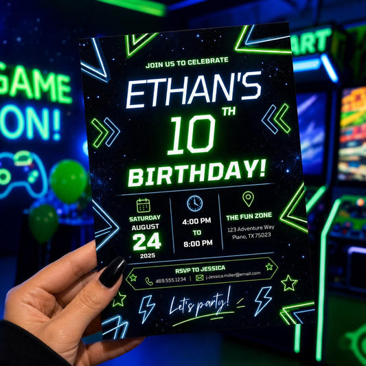 Editable Neon Glow Birthday Invitation Canva Template, Boys Teens Neon Cute Fun DIY Chic Kids Teen Party Invite, Printable Digital Download.