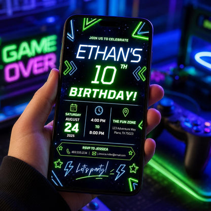 Editable Neon Glow Birthday Invitation Canva Template, Boys Teens Neon Cute Fun DIY Chic Kids Teen Party Invite, Printable Digital Download.