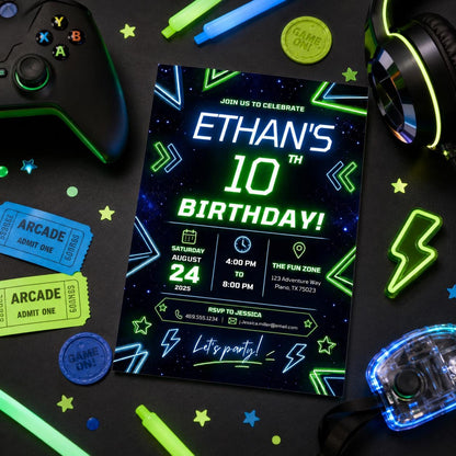 Editable Neon Glow Birthday Invitation Canva Template, Boys Teens Neon Cute Fun DIY Chic Kids Teen Party Invite, Printable Digital Download.