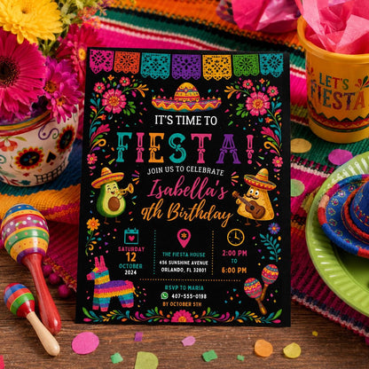Editable Fiesta Birthday Invitation Canva Template, Taco Cute Modern Fun Themed DIY Chic Kids Teen Party Invite, Printable Digital Download.