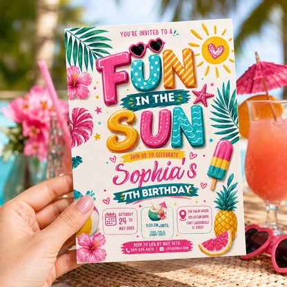 Editable Beach Birthday Invitation Canva Template, Kids Beach Cute Modern Fun Themed DIY Chic Teen Party Invite, Printable Digital Download.