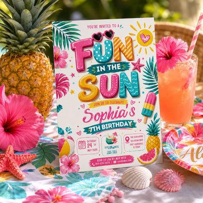 Editable Beach Birthday Invitation Canva Template, Kids Beach Cute Modern Fun Themed DIY Chic Teen Party Invite, Printable Digital Download.
