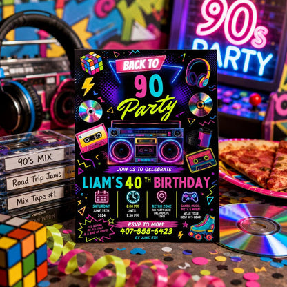 Editable Neon Glow Birthday Invitation Canva Template, Retro Neon Cute Modern Fun Themed DIY Sweet Party Invite, Printable Digital Download.