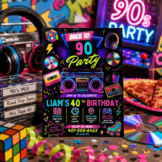 Editable Neon Glow Birthday Invitation Canva Template, Retro Neon Cute Modern Fun Themed DIY Sweet Party Invite, Printable Digital Download.