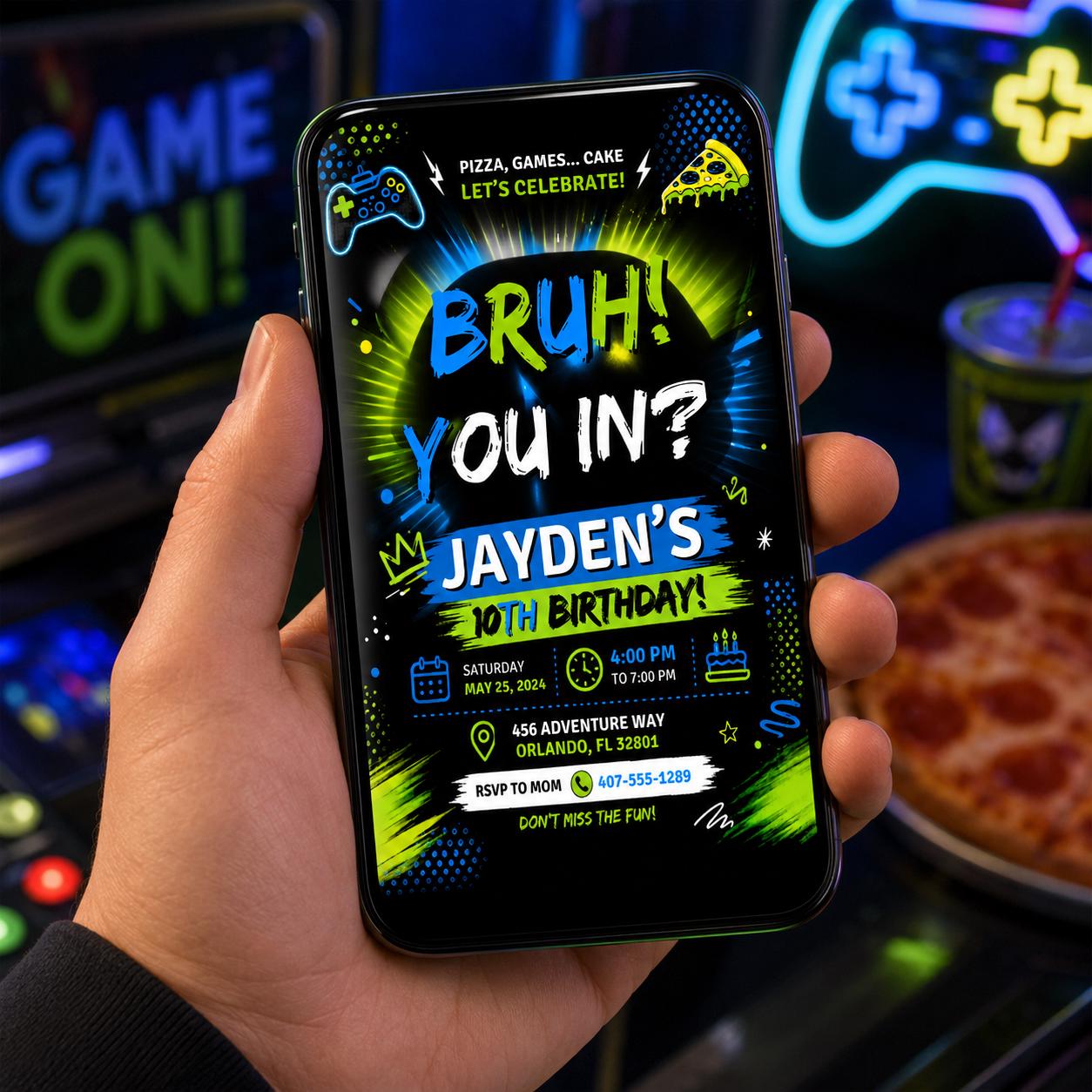 Editable Neon Glow Birthday Invitation Canva Template, Boys Teens Neon Cute Fun DIY Chic Kids Teen Party Invite, Printable Digital Download.