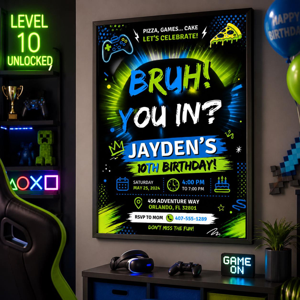 Editable Neon Glow Birthday Invitation Canva Template, Boys Teens Neon Cute Fun DIY Chic Kids Teen Party Invite, Printable Digital Download.