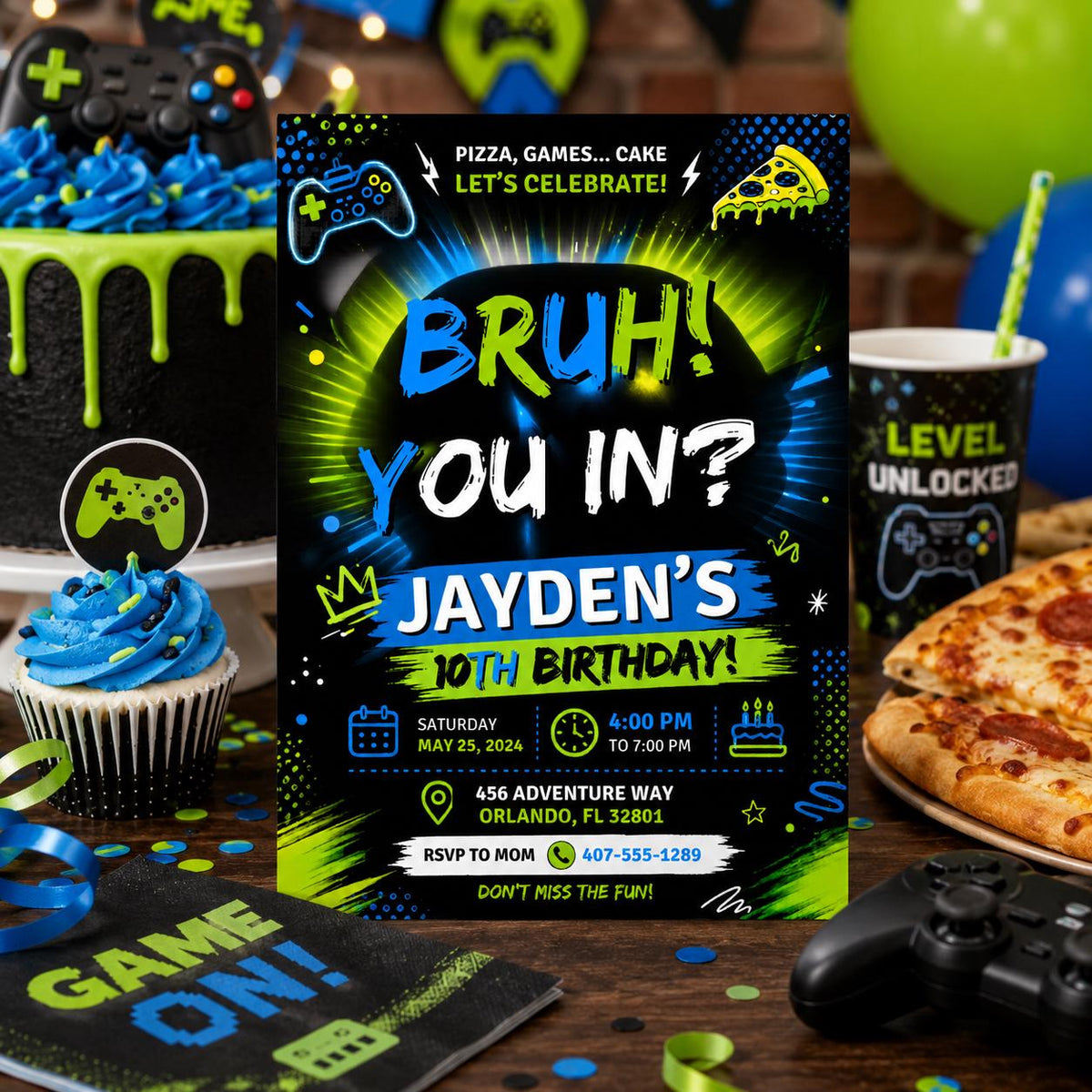 Editable Neon Glow Birthday Invitation Canva Template, Boys Teens Neon Cute Fun DIY Chic Kids Teen Party Invite, Printable Digital Download.