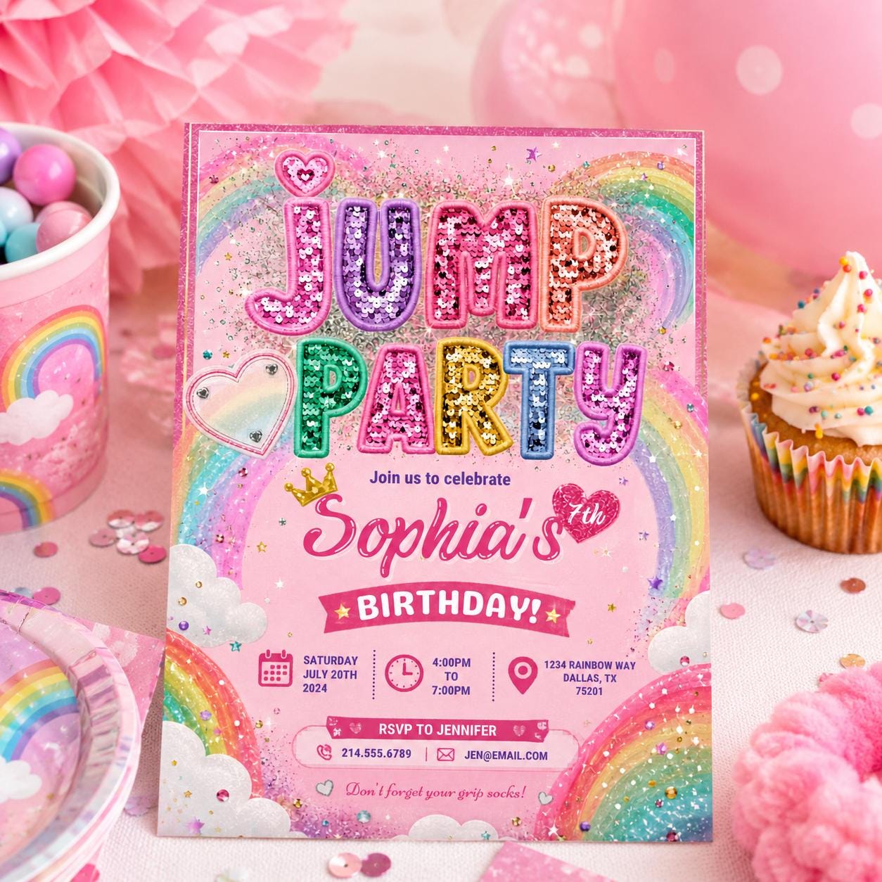 Editable Trampoline Park Birthday Invitation Canva Template, Cute Modern Fun Themed DIY Sweet Chic Party Invite, Printable Digital Download.