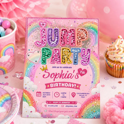 Editable Trampoline Park Birthday Invitation Canva Template, Cute Modern Fun Themed DIY Sweet Chic Party Invite, Printable Digital Download.