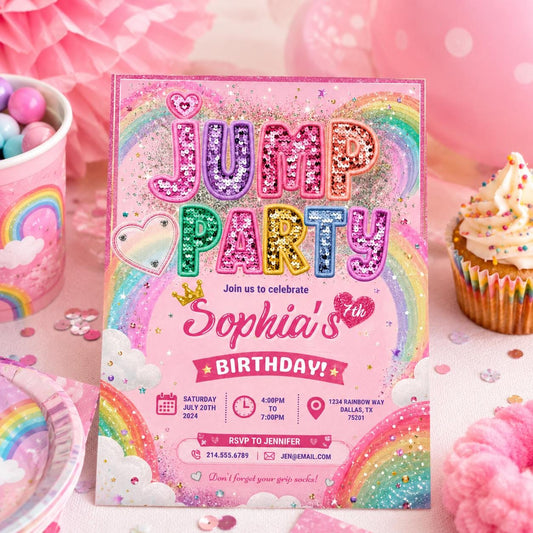 Editable Trampoline Park Birthday Invitation Canva Template, Cute Modern Fun Themed DIY Sweet Chic Party Invite, Printable Digital Download.