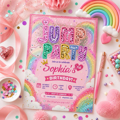 Editable Trampoline Park Birthday Invitation Canva Template, Cute Modern Fun Themed DIY Sweet Chic Party Invite, Printable Digital Download.