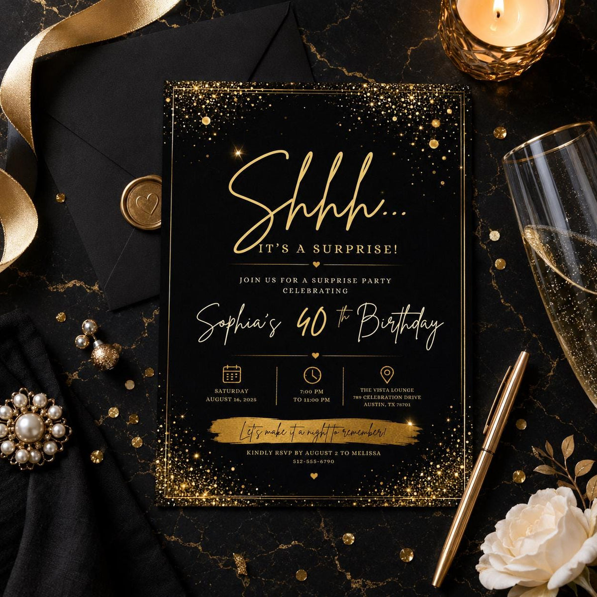 Editable Surprise Birthday Invitation Canva Template, Gold Black Adult Cute Fun DIY Chic Kids Teen Party Invite, Printable Digital Download.