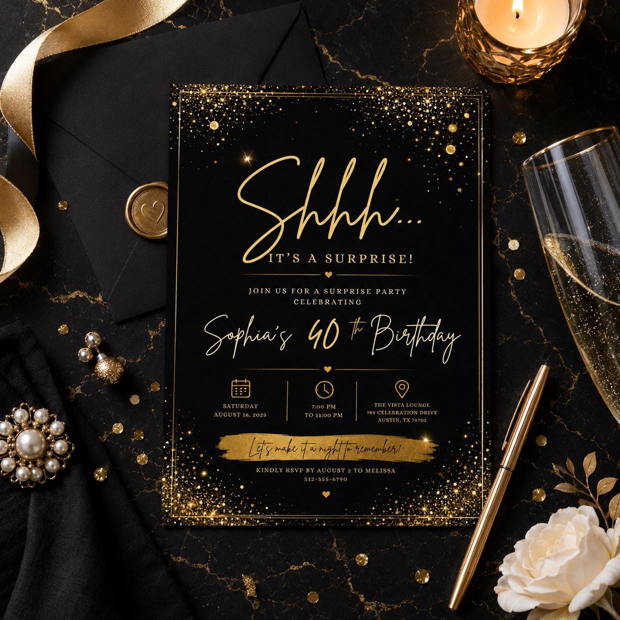 Editable Surprise Birthday Invitation Canva Template, Gold Black Adult Cute Fun DIY Chic Kids Teen Party Invite, Printable Digital Download.