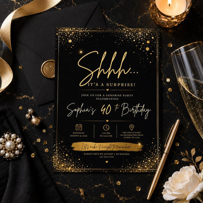 Editable Surprise Birthday Invitation Canva Template, Gold Black Adult Cute Fun DIY Chic Kids Teen Party Invite, Printable Digital Download.