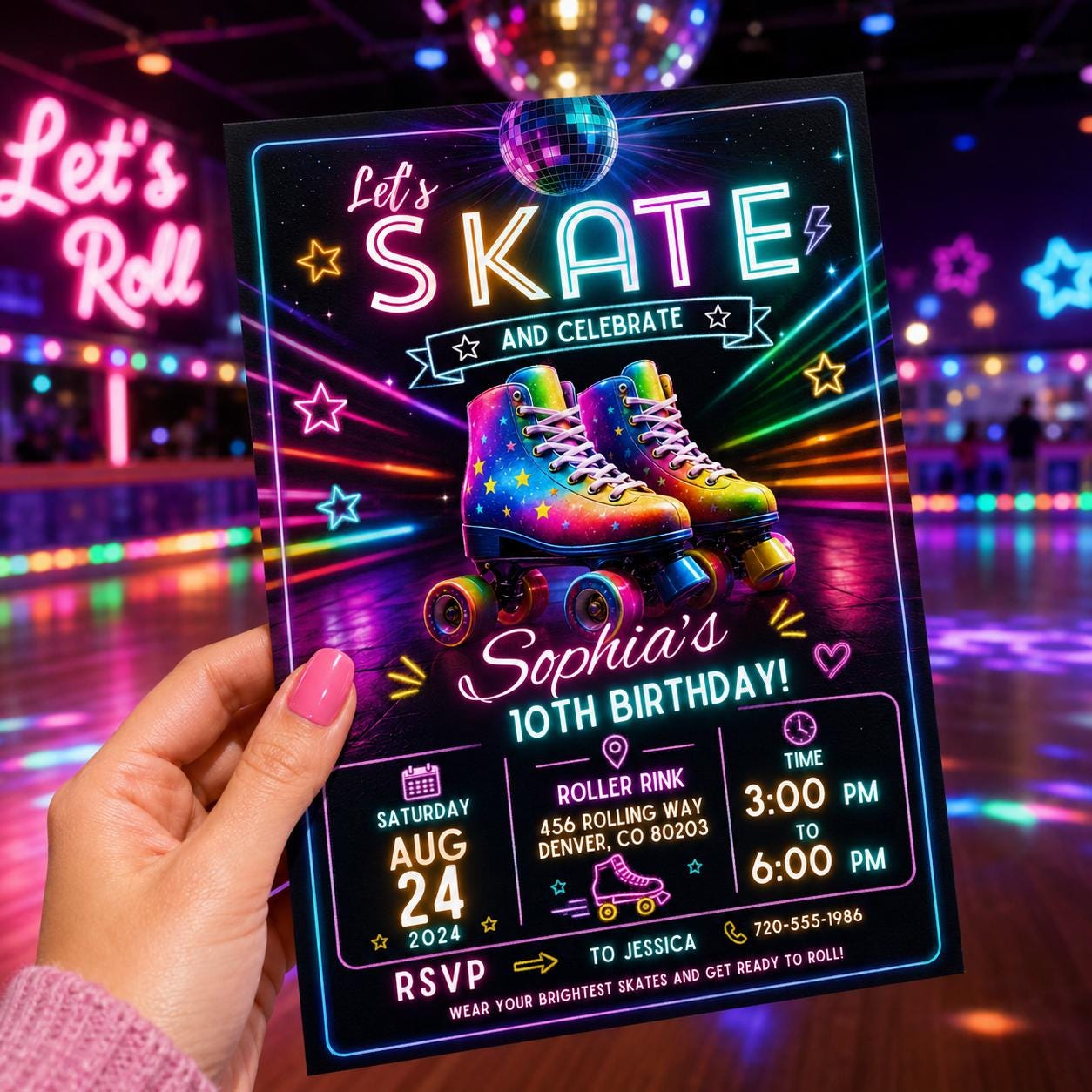Editable Neon Glow Birthday Invitation Canva Template, Retro Girls Teens Neon Cute Fun Instant DIY Party Invite, Printable Digital Download.