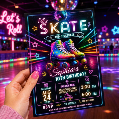 Editable Neon Glow Birthday Invitation Canva Template, Retro Girls Teens Neon Cute Fun Instant DIY Party Invite, Printable Digital Download.