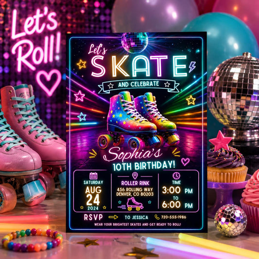 Editable Neon Glow Birthday Invitation Canva Template, Retro Girls Teens Neon Cute Fun Instant DIY Party Invite, Printable Digital Download.