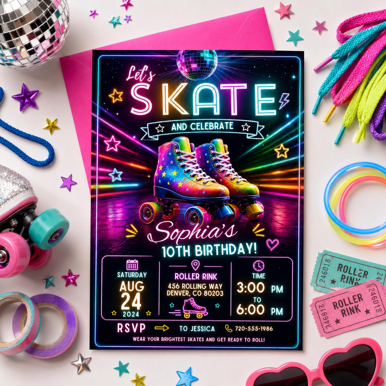 Editable Neon Glow Birthday Invitation Canva Template, Retro Girls Teens Neon Cute Fun Instant DIY Party Invite, Printable Digital Download.