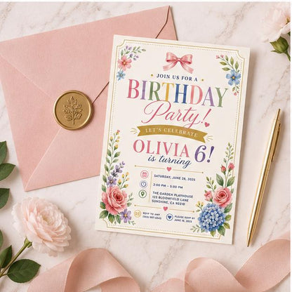 Editable Garden Birthday Invitation Canva Template, Pink Pastel Girls Kids Cute Fun DIY Sweet Chic Party Invite, Printable Digital Download.