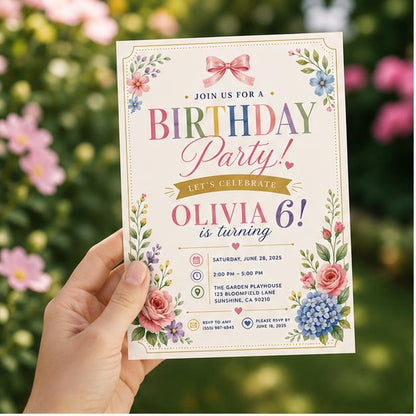Editable Garden Birthday Invitation Canva Template, Pink Pastel Girls Kids Cute Fun DIY Sweet Chic Party Invite, Printable Digital Download.