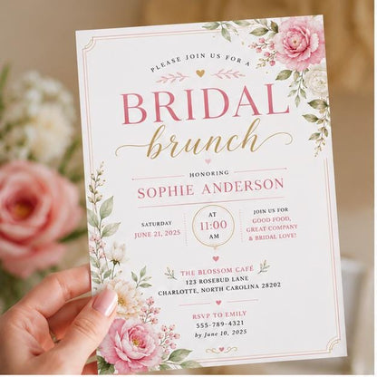 Editable Floral Bridal Shower Invitation Canva Template, Pink Orange Girls Adult Cute Fun DIY Chic Party Invite, Printable Digital Download.