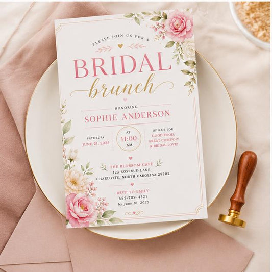 Editable Floral Bridal Shower Invitation Canva Template, Pink Orange Girls Adult Cute Fun DIY Chic Party Invite, Printable Digital Download.