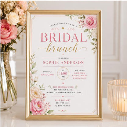 Editable Floral Bridal Shower Invitation Canva Template, Pink Orange Girls Adult Cute Fun DIY Chic Party Invite, Printable Digital Download.