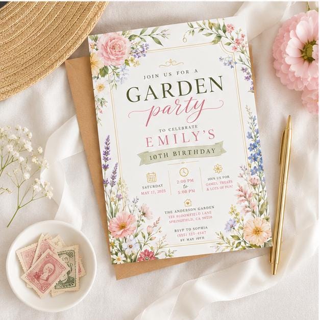 Editable Garden Birthday Invitation Canva Template, Floral Girls Cute Fun DIY Sweet Chic Kids Teen Party Invite, Printable Digital Download.