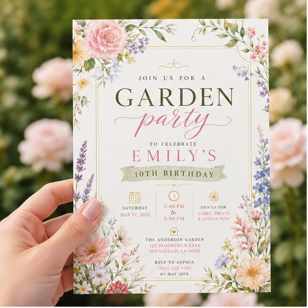 Editable Garden Birthday Invitation Canva Template, Floral Girls Cute Fun DIY Sweet Chic Kids Teen Party Invite, Printable Digital Download.