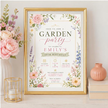 Editable Garden Birthday Invitation Canva Template, Floral Girls Cute Fun DIY Sweet Chic Kids Teen Party Invite, Printable Digital Download.