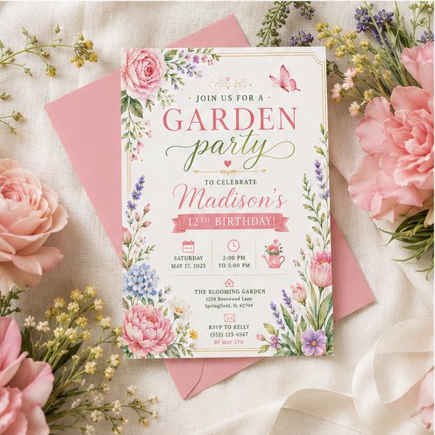 Editable Garden Birthday Invitation Canva Template, Floral Girls Cute Fun DIY Sweet Chic Kids Teen Party Invite, Printable Digital Download.