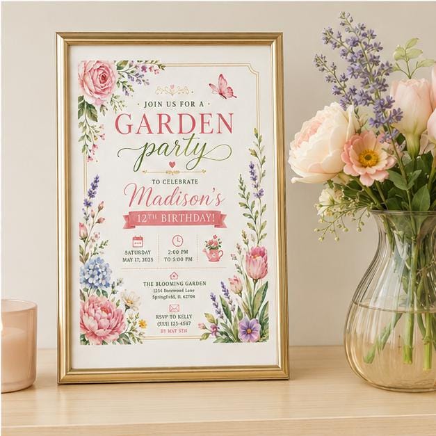 Editable Garden Birthday Invitation Canva Template, Floral Girls Cute Fun DIY Sweet Chic Kids Teen Party Invite, Printable Digital Download.