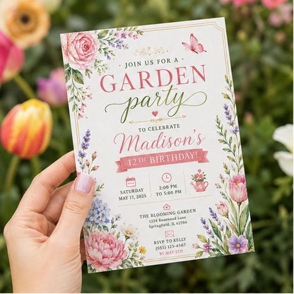 Editable Garden Birthday Invitation Canva Template, Floral Girls Cute Fun DIY Sweet Chic Kids Teen Party Invite, Printable Digital Download.