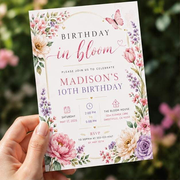 Editable Wildflower Birthday Invitation Canva Template, Pink Boho Floral Girls Cute Modern Fun DIY Party Invite, Printable Digital Download.
