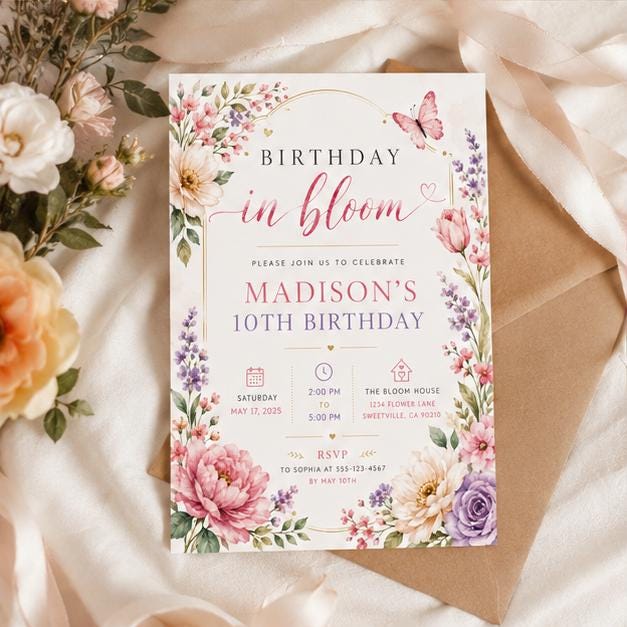 Editable Wildflower Birthday Invitation Canva Template, Pink Boho Floral Girls Cute Modern Fun DIY Party Invite, Printable Digital Download.