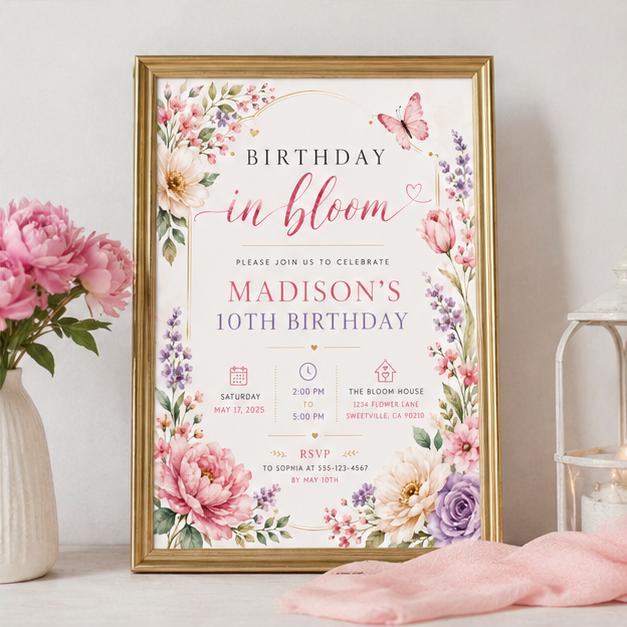 Editable Wildflower Birthday Invitation Canva Template, Pink Boho Floral Girls Cute Modern Fun DIY Party Invite, Printable Digital Download.