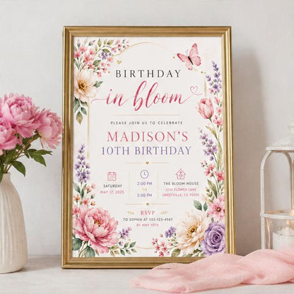 Editable Wildflower Birthday Invitation Canva Template, Pink Boho Floral Girls Cute Modern Fun DIY Party Invite, Printable Digital Download.