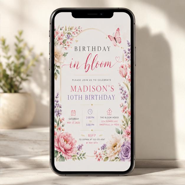 Editable Wildflower Birthday Invitation Canva Template, Pink Boho Floral Girls Cute Modern Fun DIY Party Invite, Printable Digital Download.