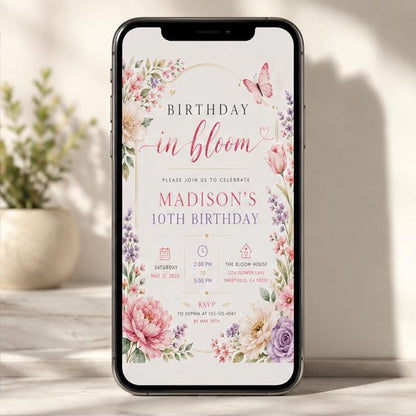 Editable Wildflower Birthday Invitation Canva Template, Pink Boho Floral Girls Cute Modern Fun DIY Party Invite, Printable Digital Download.