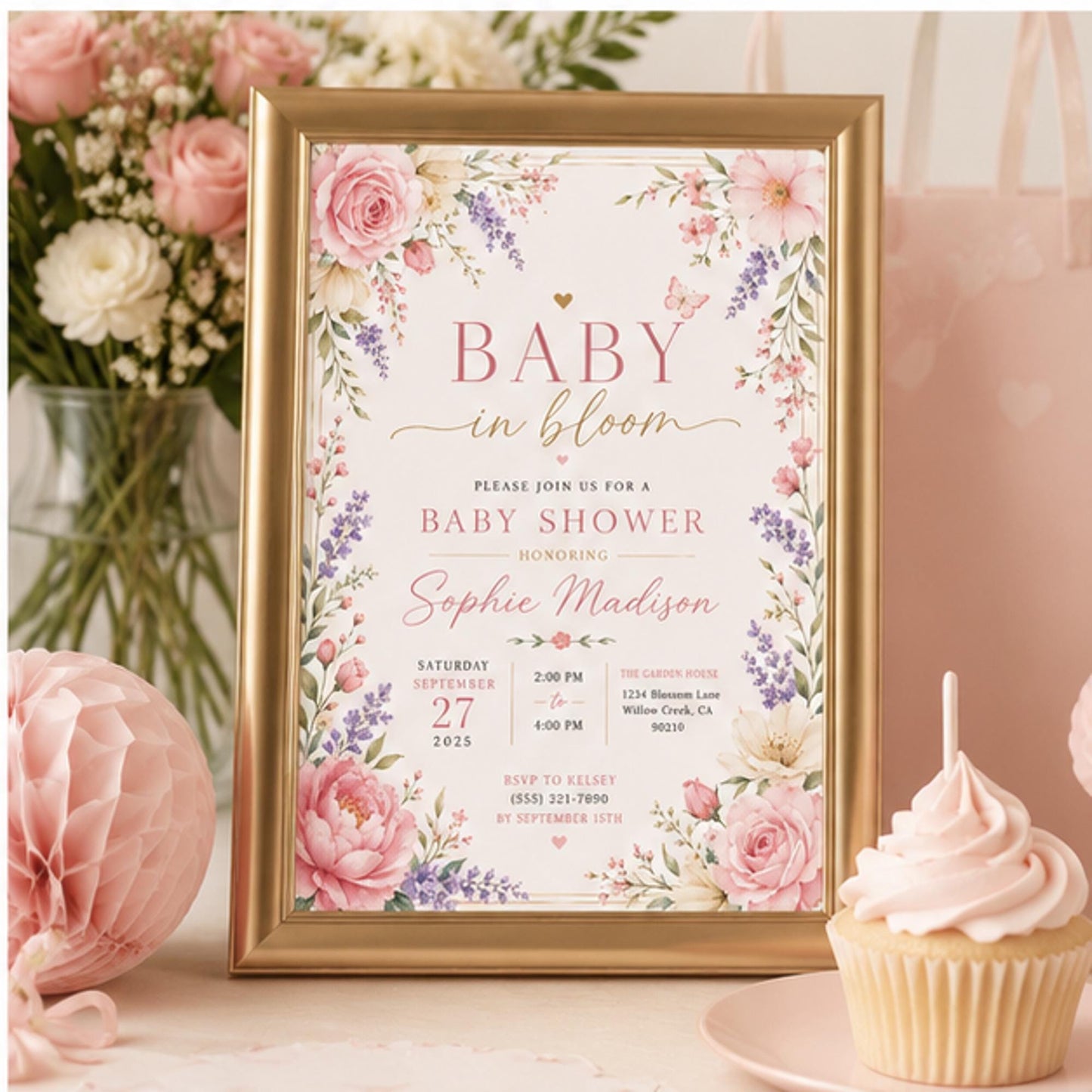 Editable Floral Baby Shower Sign Canva Template, Pink Blue Girls Kids Floral Cute Modern Fun Themed DIY Sweet Printable Digital Party Decor.