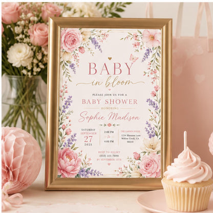 Editable Floral Baby Shower Sign Canva Template, Pink Blue Girls Kids Floral Cute Modern Fun Themed DIY Sweet Printable Digital Party Decor.