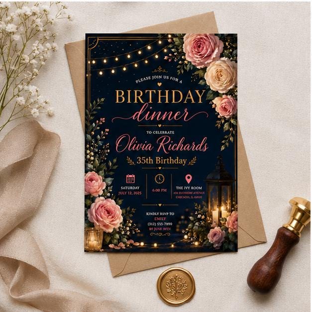 Editable Black Gold Birthday Invitation Canva Template, Luxury Floral Girls Cute Fun DIY Chic Kids Party Invite, Printable Digital Download.