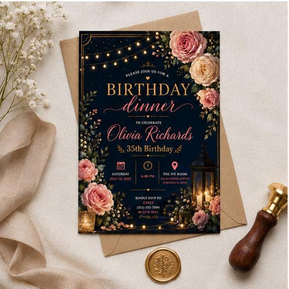 Editable Black Gold Birthday Invitation Canva Template, Luxury Floral Girls Cute Fun DIY Chic Kids Party Invite, Printable Digital Download.